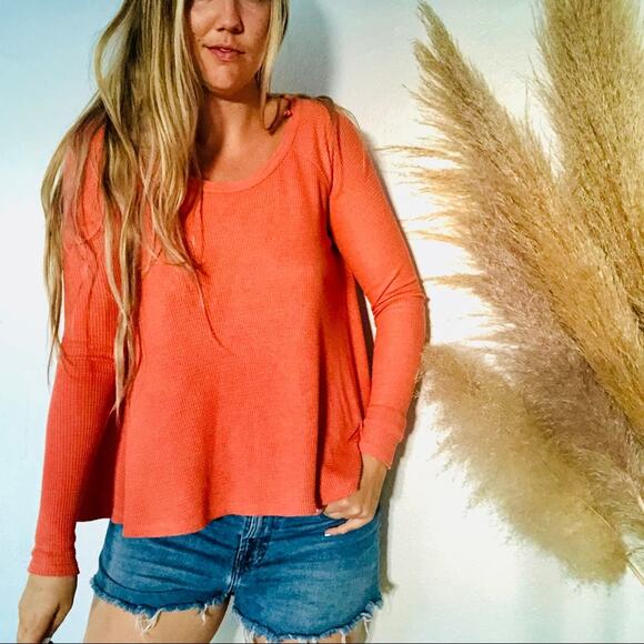 FP FREE PEOPLE Orange Sherbet Long Sleeve Thermal Waffle Knit Tee Shirt Top XS - Picture 1 of 10